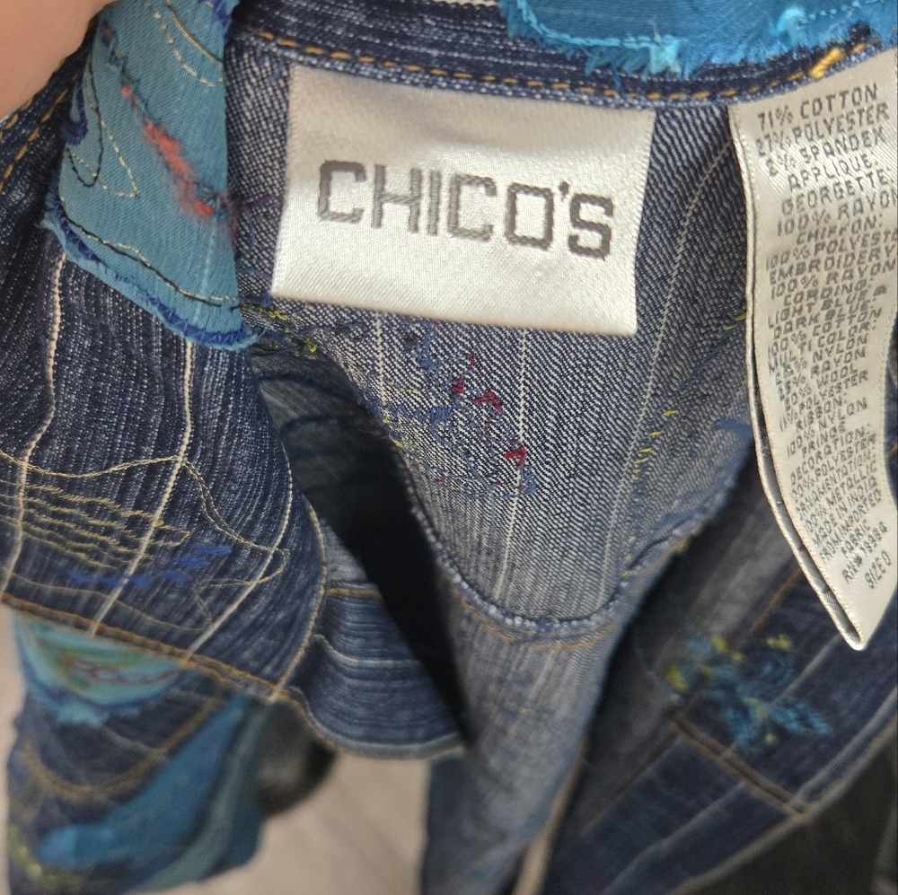 Chicos Design Lined Denim Jacket Embroidered Arts… - image 2